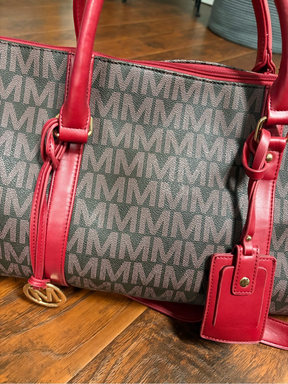 Milan duffel/weekender style bag with coated canvas & red trim - Picture 2 of 15